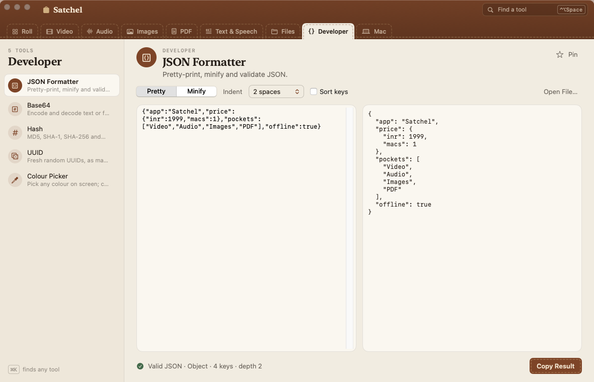 JSON Formatter pretty-printing a small object