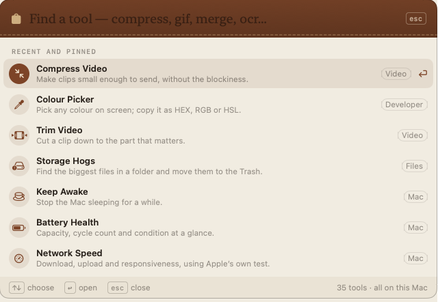 Satchel’s command bar listing recent and pinned tools